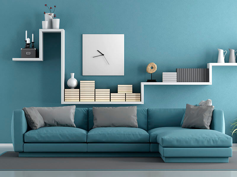 Salón minimalista en tonos azul